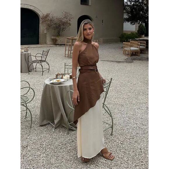 NWT IQ Collection Brown Cream Layered Halter Neck Sleeveless Dress XL - Picture 1 of 5